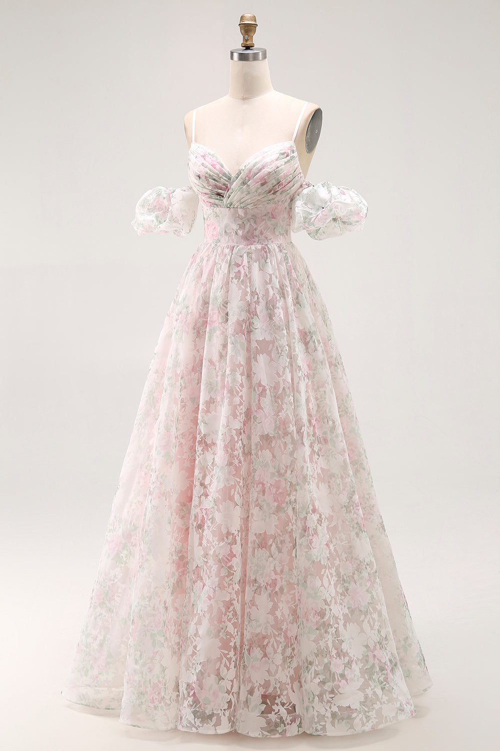 Floral Blush A-Line Tulle Detachable Sleeves Long Prom Dress