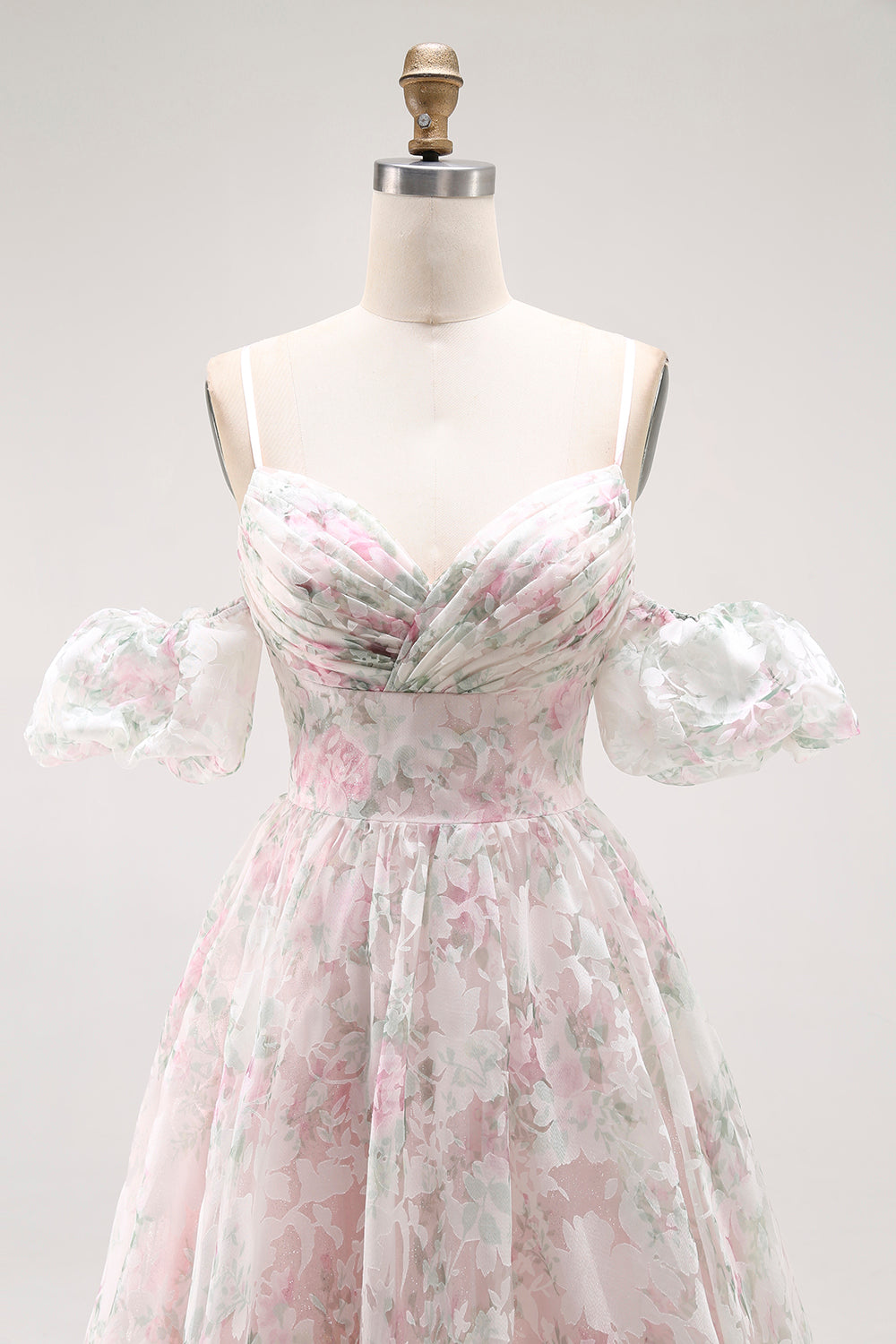 Floral Blush A-Line Tulle Detachable Sleeves Long Prom Dress