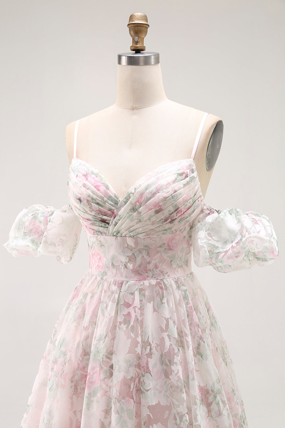 Floral Blush A-Line Tulle Detachable Sleeves Long Prom Dress