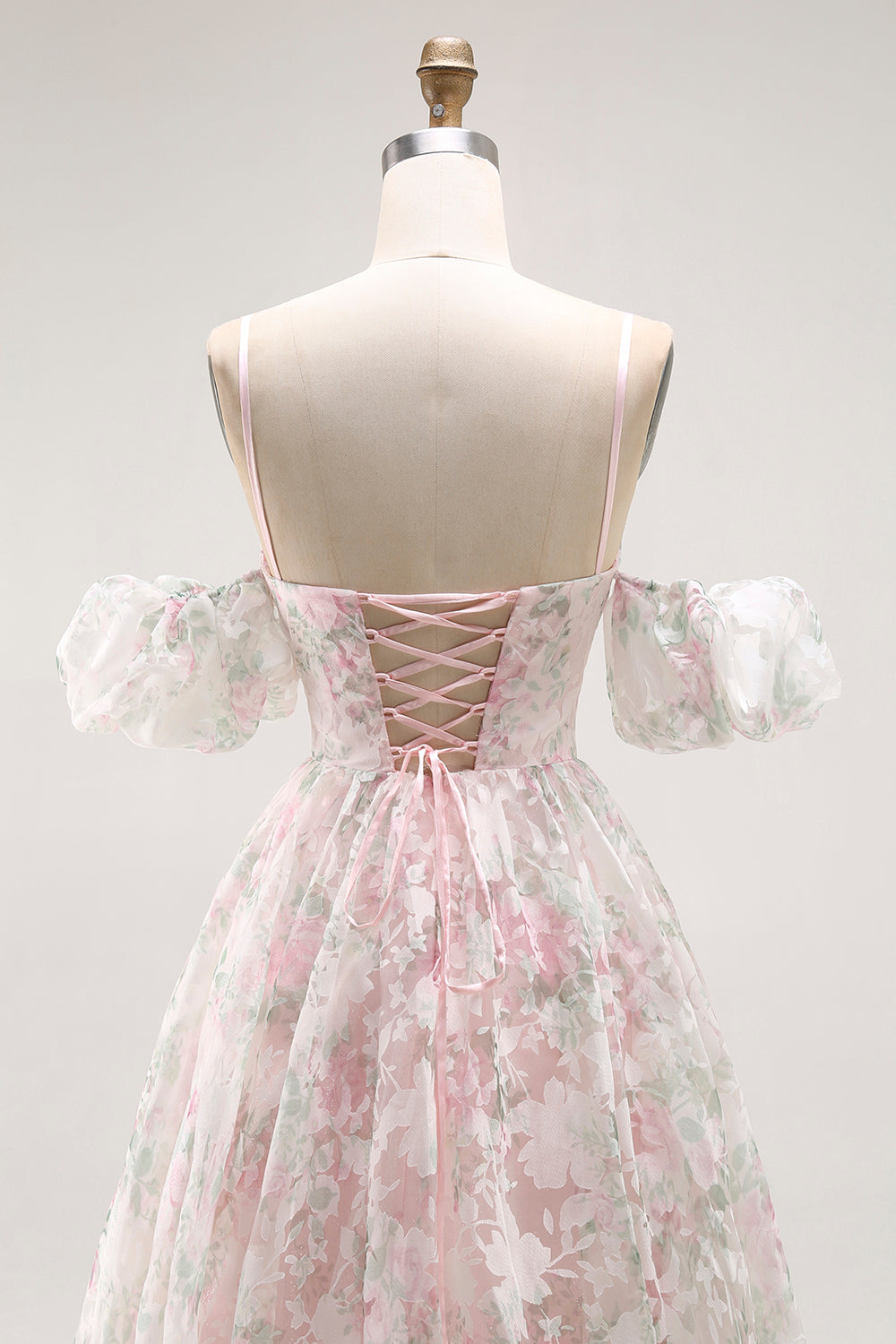 Floral Blush A-Line Tulle Detachable Sleeves Long Prom Dress