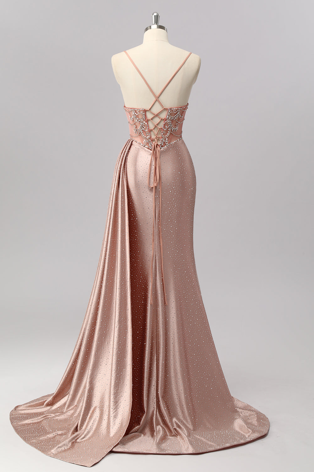 Sparkly Blush Satin Mermaid Ruched Beaded Long Corset Evening Dress with Slit
