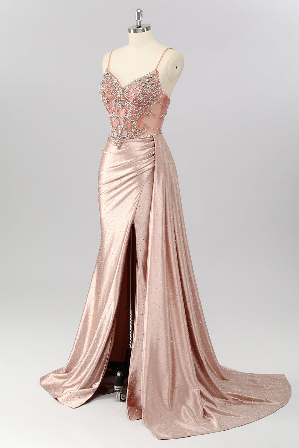Sparkly Blush Satin Mermaid Ruched Beaded Long Corset Evening Dress with Slit