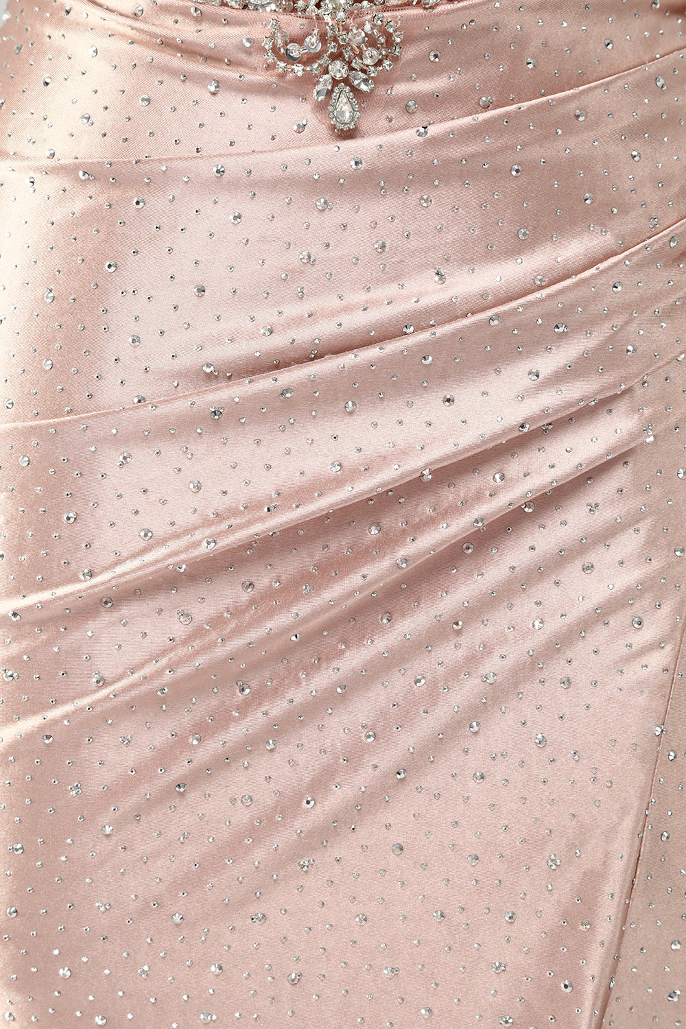 Sparkly Blush Satin Mermaid Ruched Beaded Long Corset Evening Dress with Slit