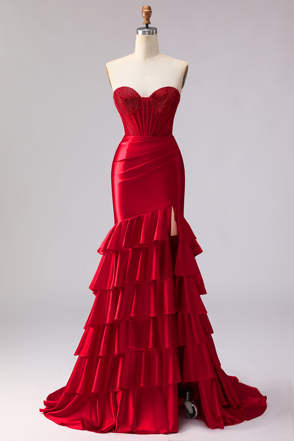 Red Mermaid Satin Ruffled Corset Long Prom Dress with Slit