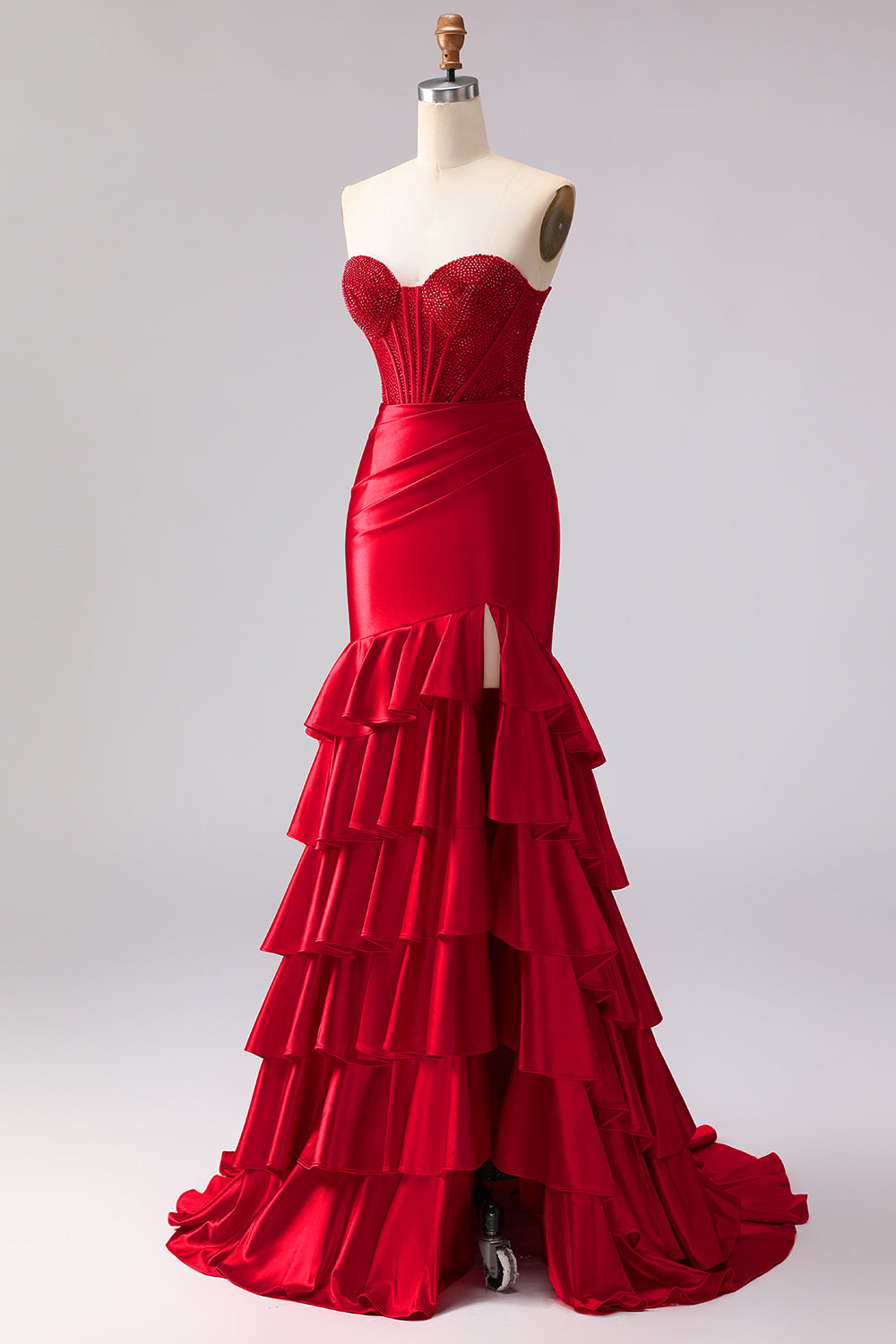 Red Mermaid Satin Ruffled Corset Long Prom Dress with Slit