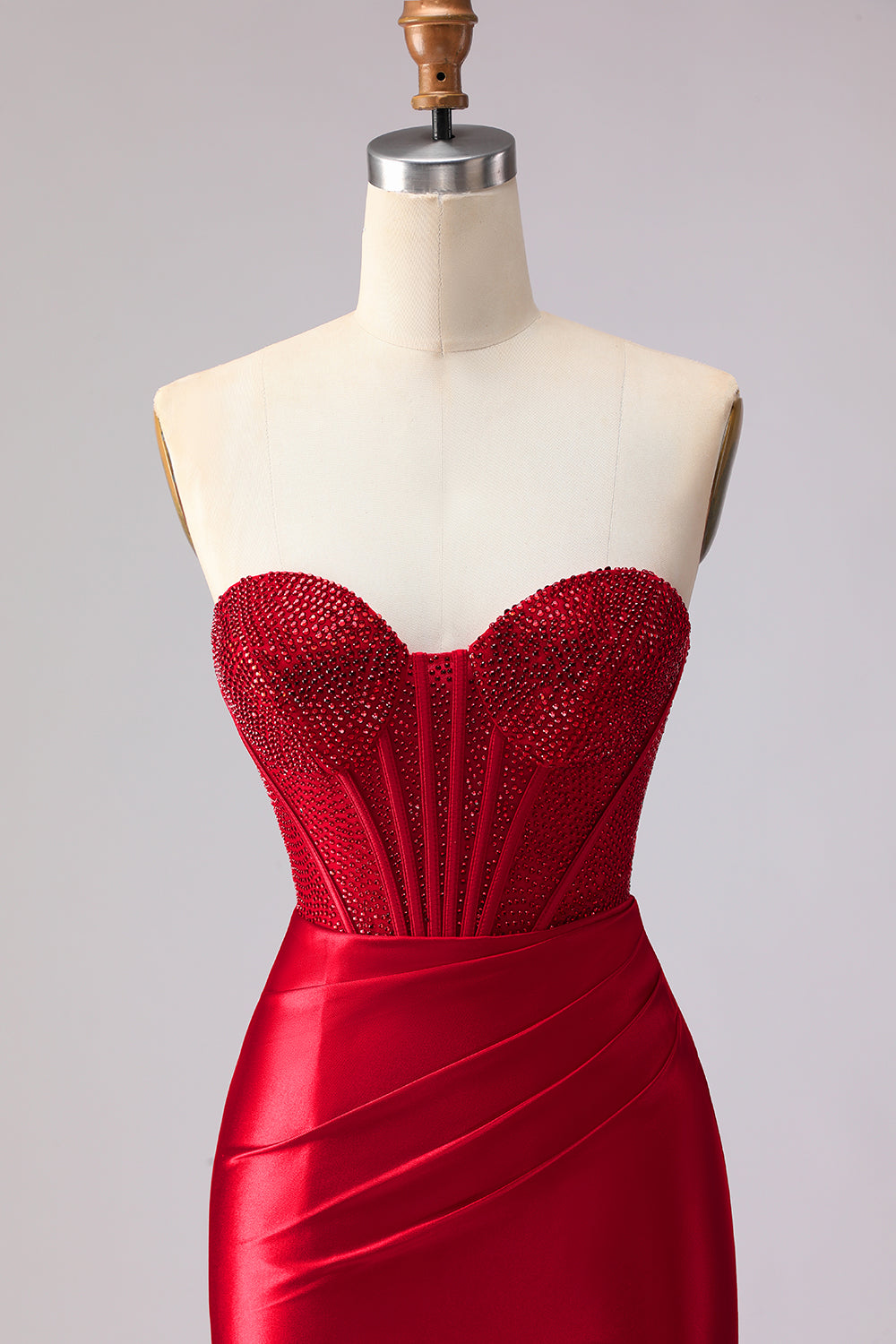 Red Mermaid Satin Ruffled Corset Long Prom Dress with Slit