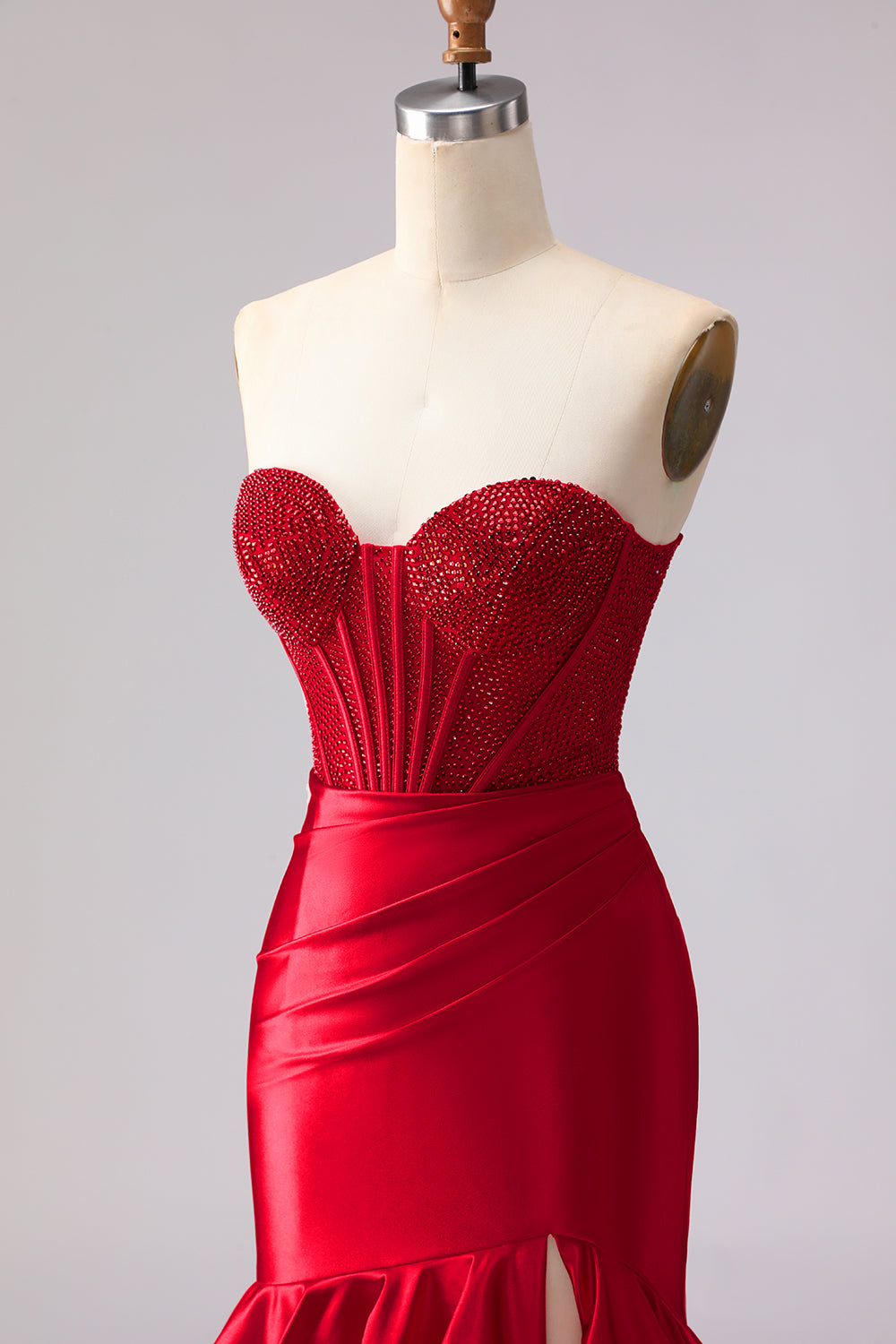 Red Mermaid Satin Ruffled Corset Long Prom Dress with Slit
