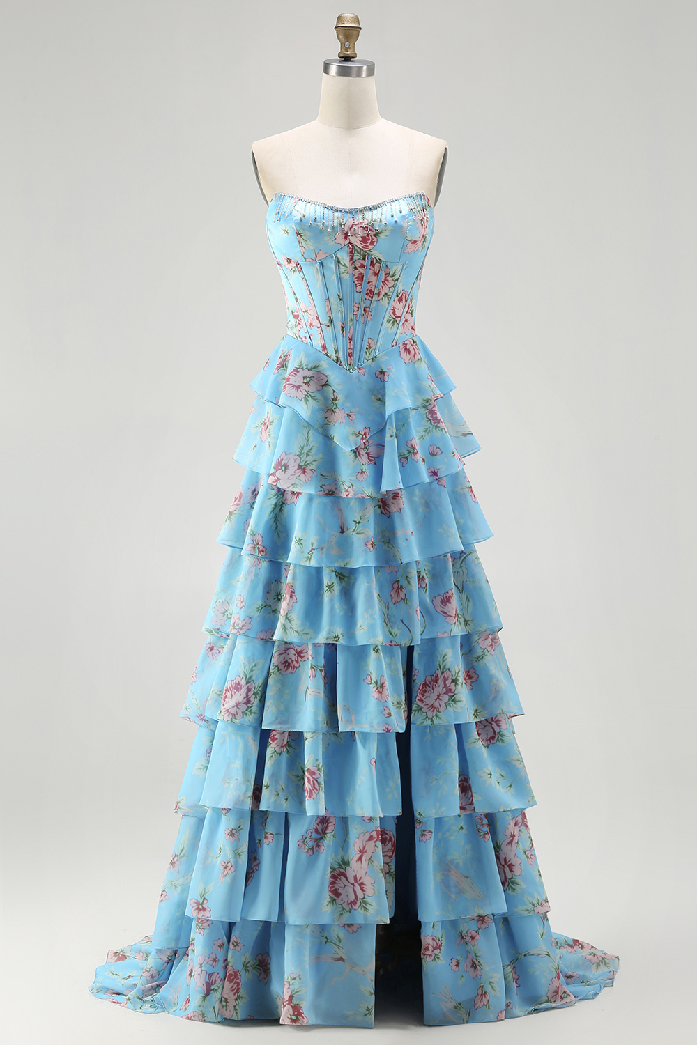 Floral Blue A-Line Strapless Long Corset Prom Dress with Ruffles