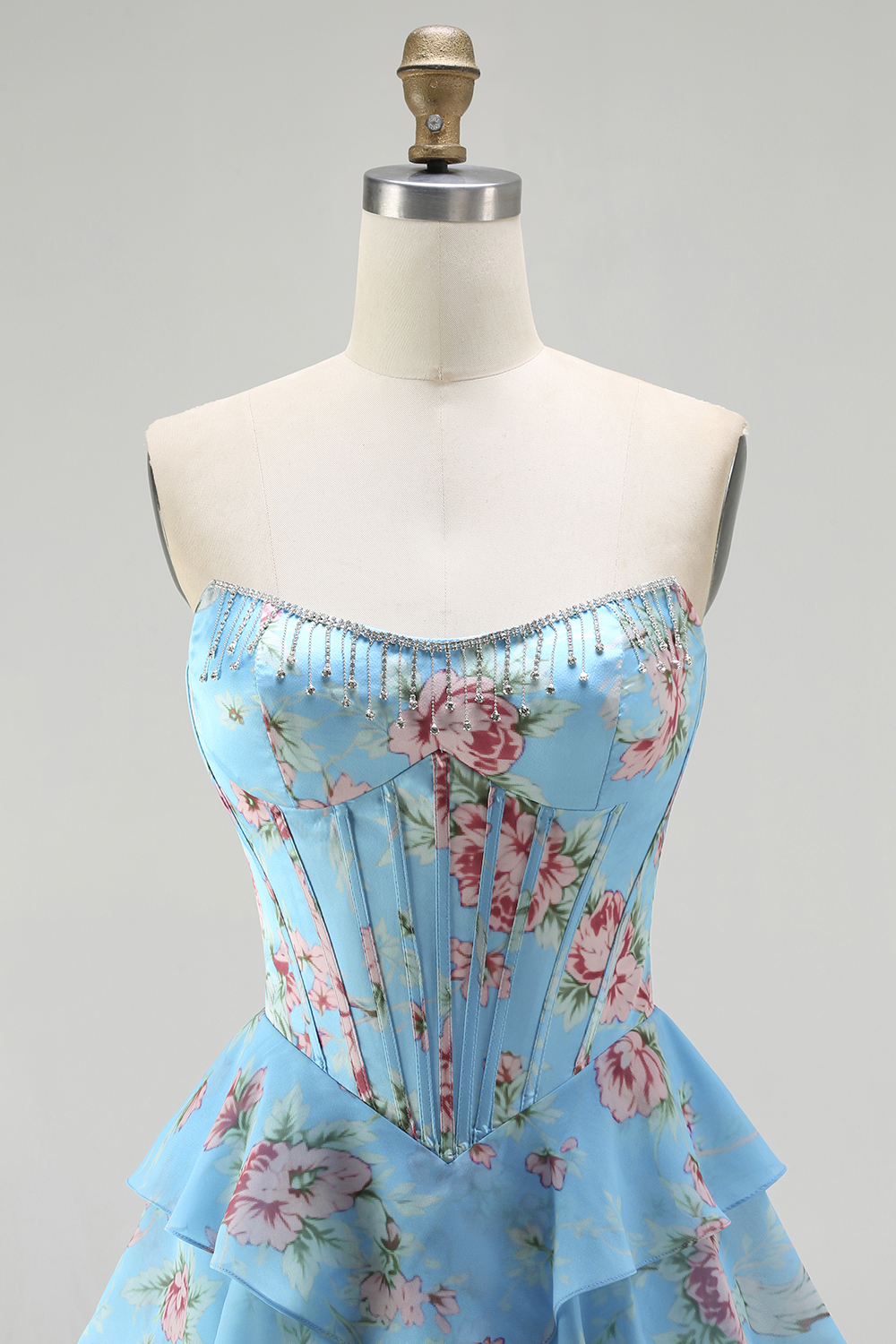 Floral Blue A-Line Strapless Long Corset Prom Dress with Ruffles