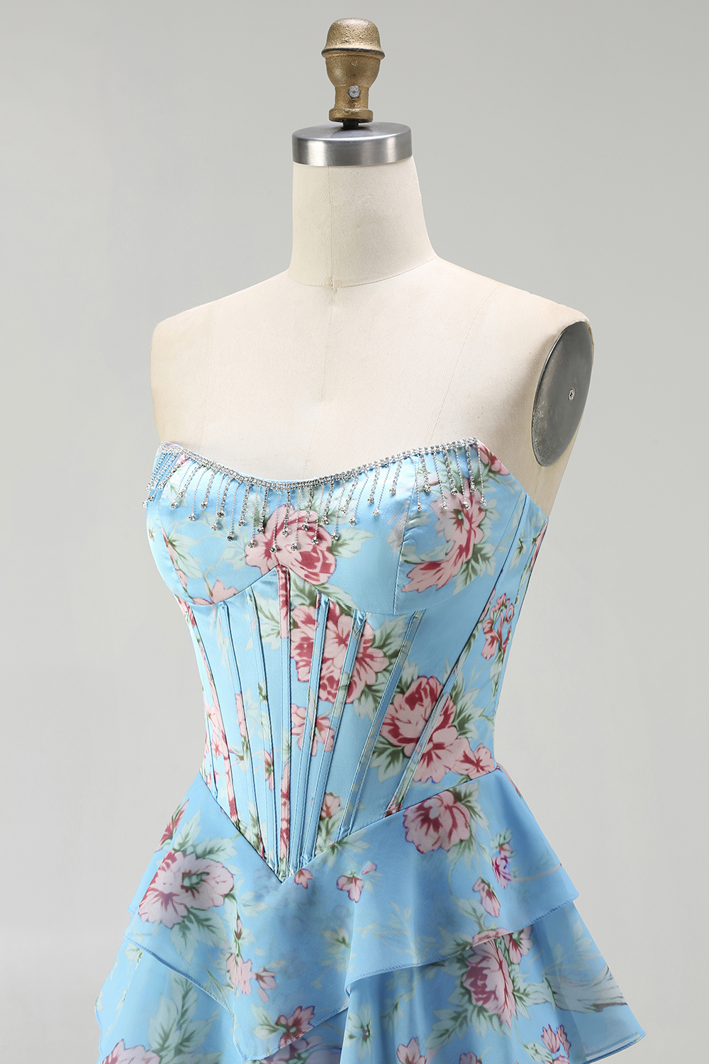 Floral Blue A-Line Strapless Long Corset Prom Dress with Ruffles