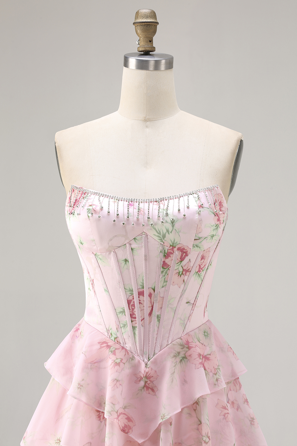 Floral Blue A-Line Strapless Long Corset Prom Dress with Ruffles