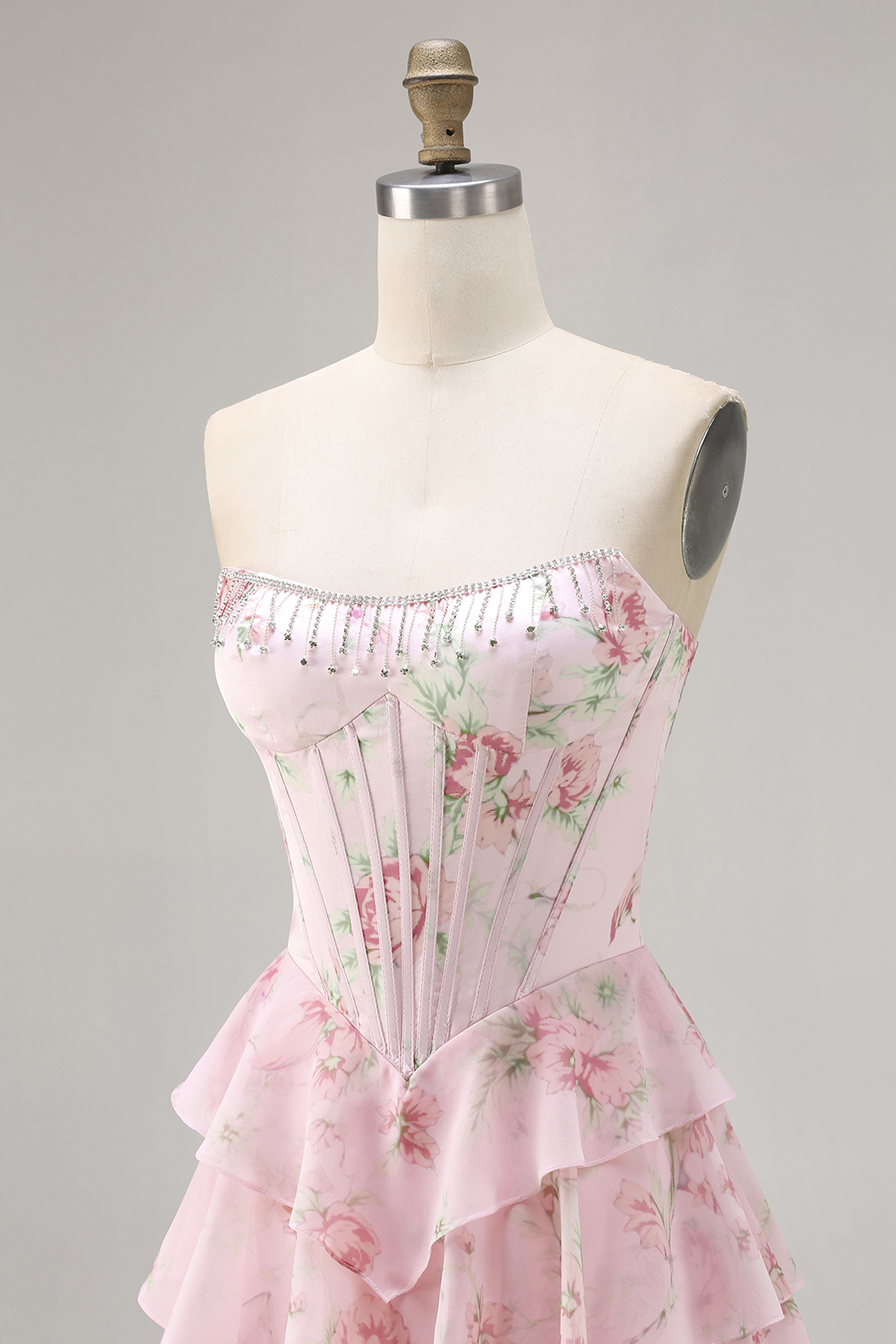 Floral Blue A-Line Strapless Long Corset Prom Dress with Ruffles