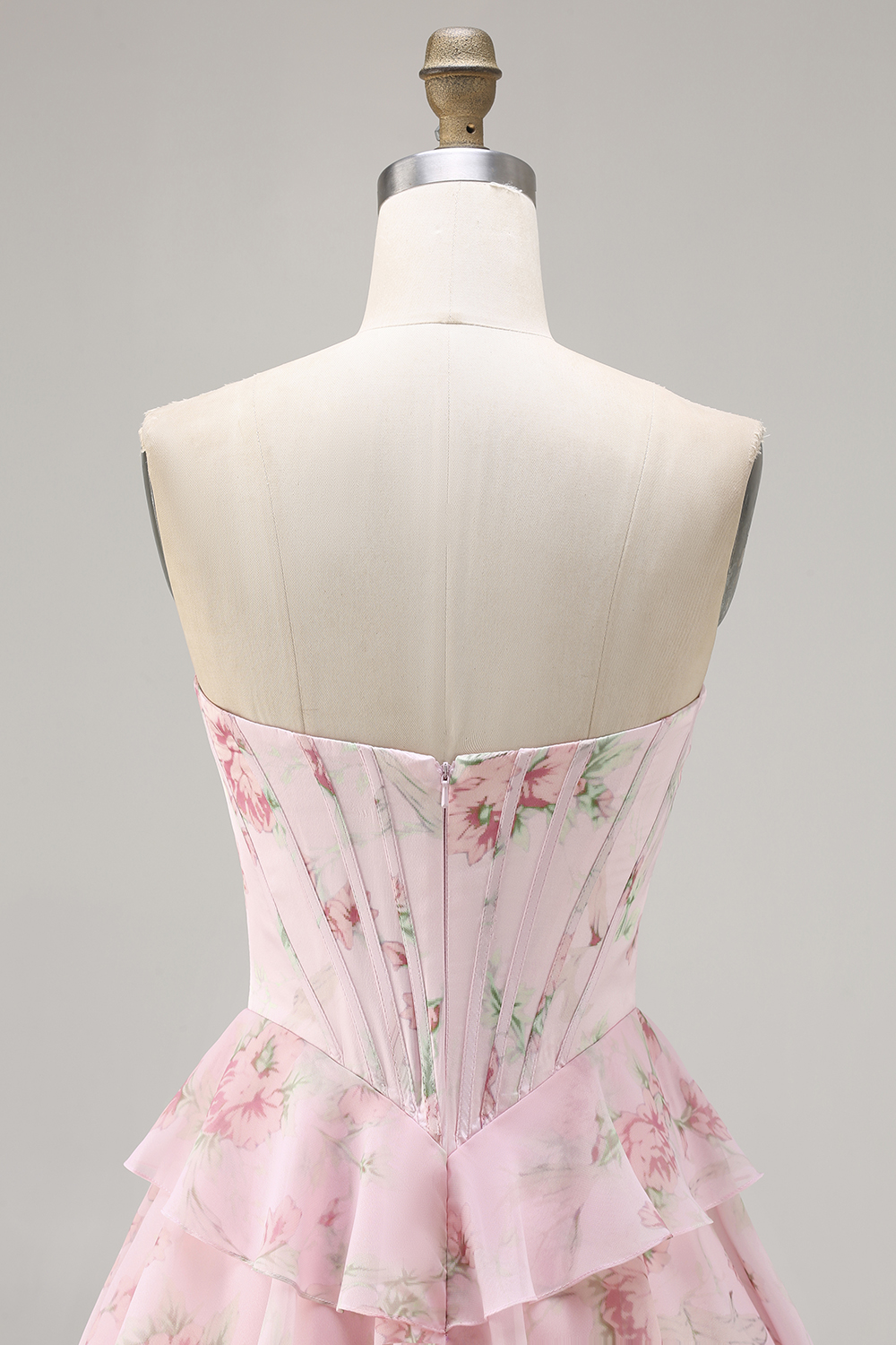 Floral Blue A-Line Strapless Long Corset Prom Dress with Ruffles