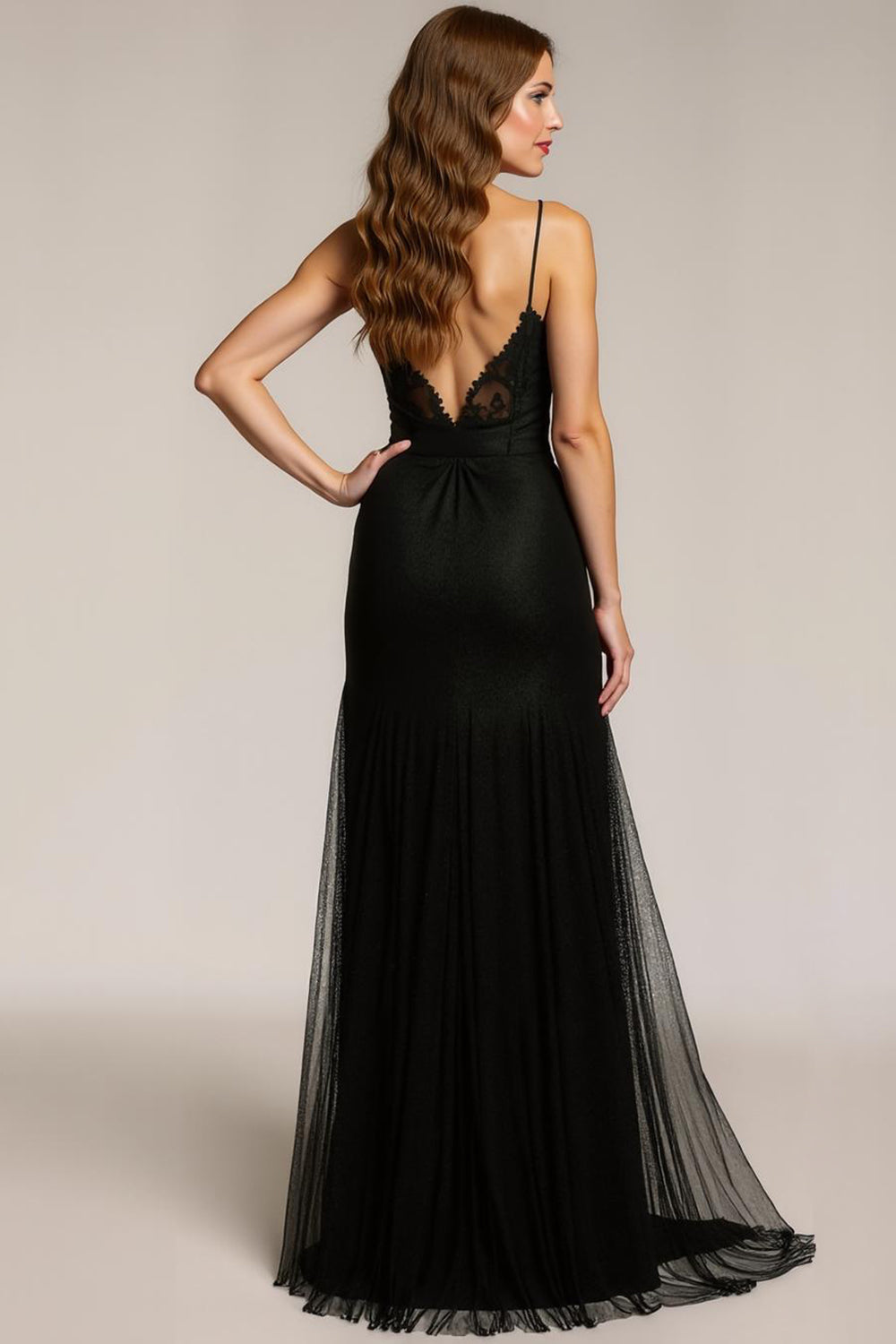 Sparkly Black Mermaid Beaded Spaghetti Straps Long Evening Dress with Slit