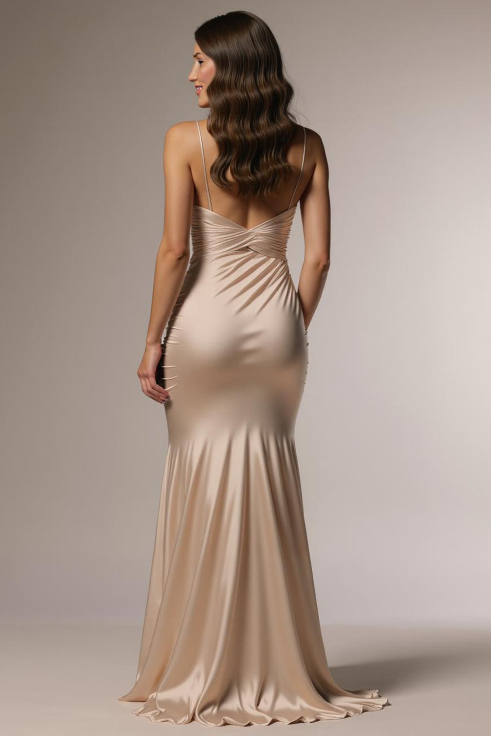 Champagne Mermaid Ruched Spaghetti Straps Long Evening Dress with Slit