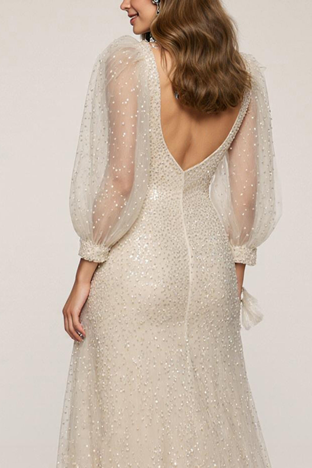 Sparkly Ivory Mermaid V-Neck Sequin Long Sleeves Holiday Party Dress with Slit