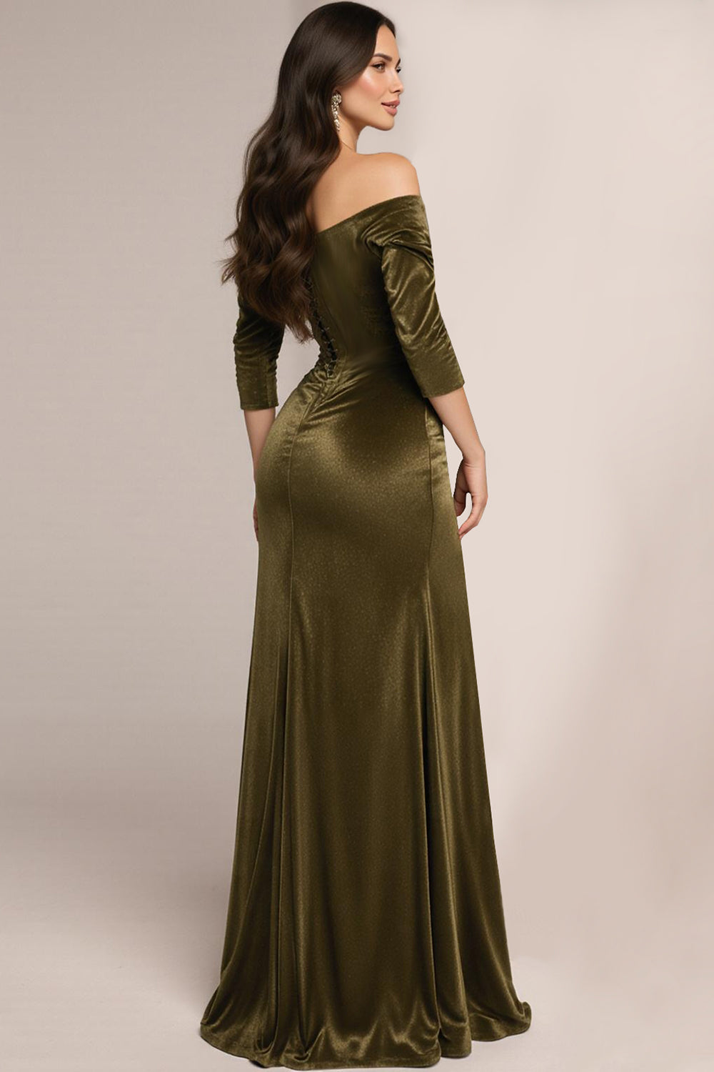 Green Velvet Off the Shoulder Long Corset Holiday Party Dress with Sleeves