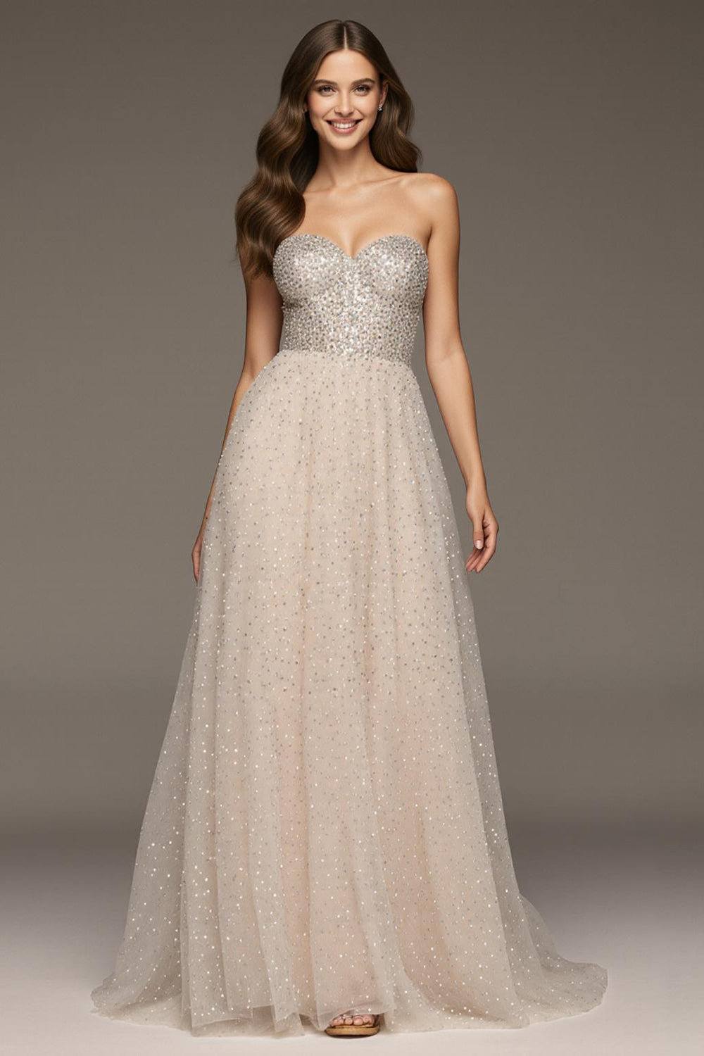 Sparkly Ivory Sequin Sweetheart A-Line Long Holiday Party Dress