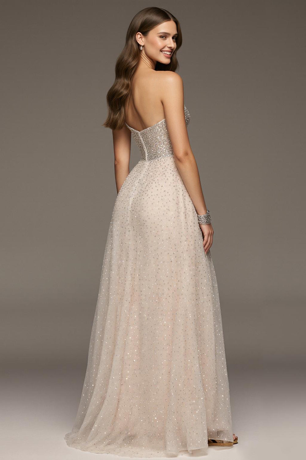 Sparkly Ivory Sequin Sweetheart A-Line Long Holiday Party Dress