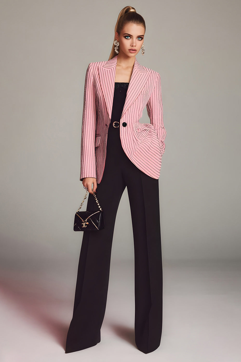 2 Piece Black Pink Striped Long Sleeves Peak Lapel Business Suits with Pockets