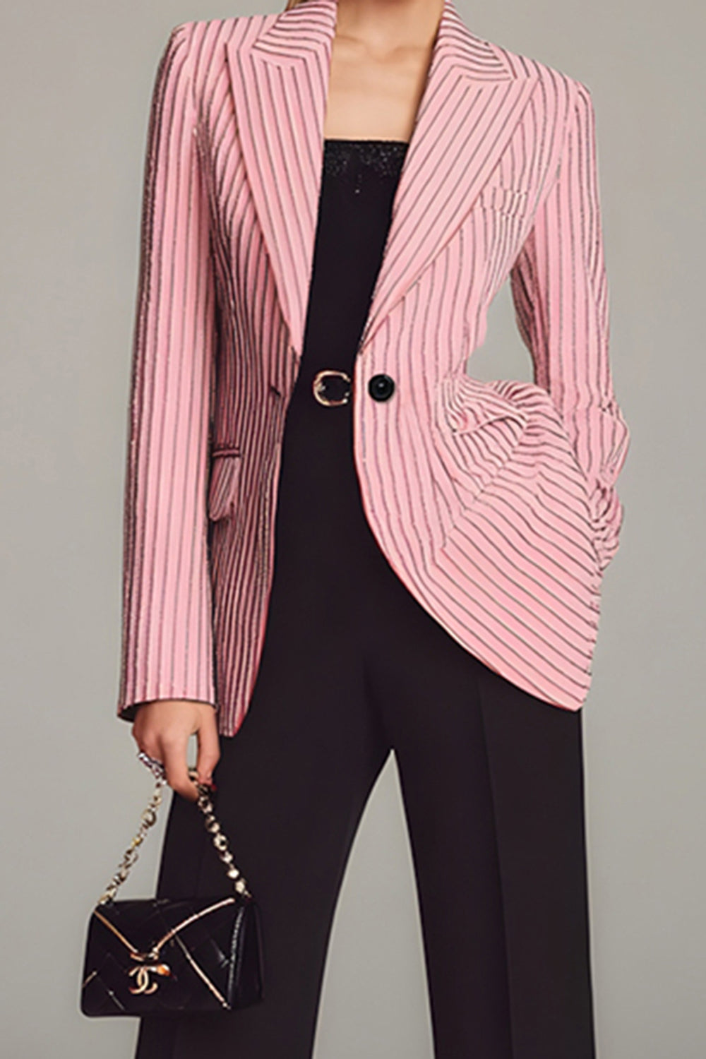 2 Piece Black Pink Striped Long Sleeves Peak Lapel Business Suits with Pockets