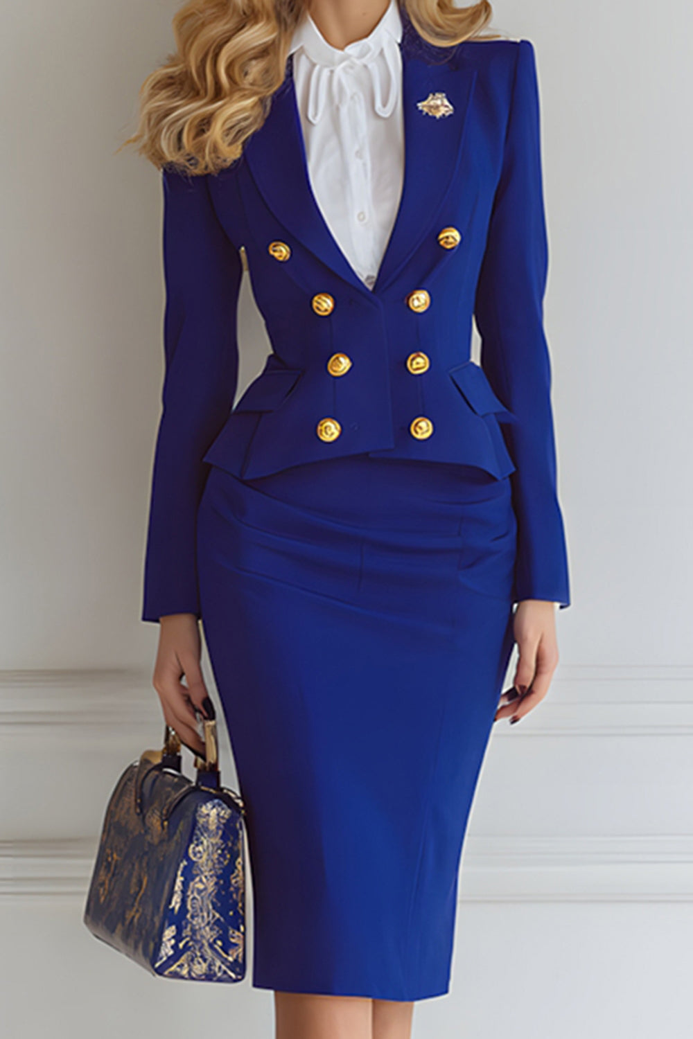 2 Piece Royal Blue Double Breasted Pencil Midi Business Suits
