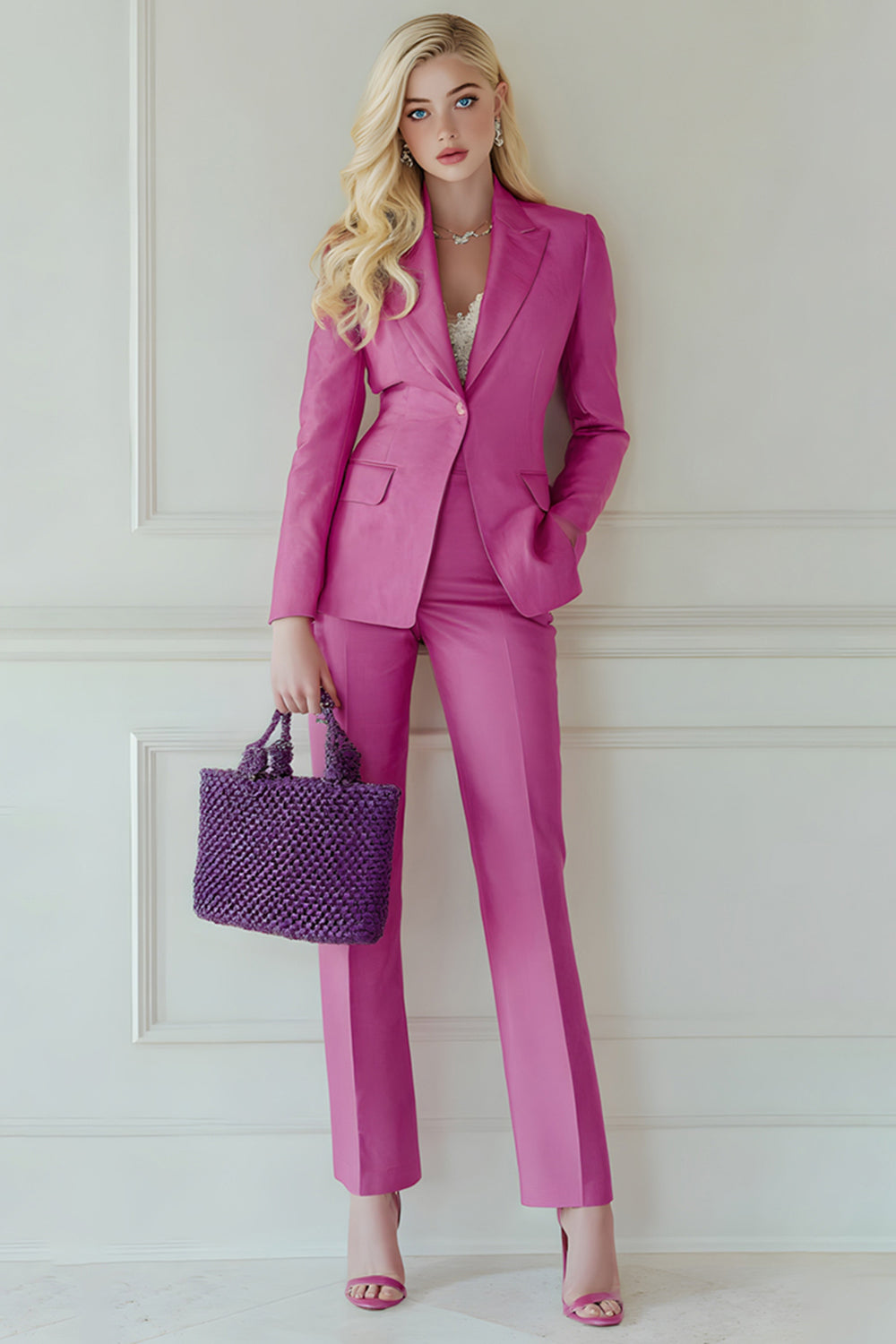 Fuchsia 2 Piece Notched Lapel Business Suits with Pockets