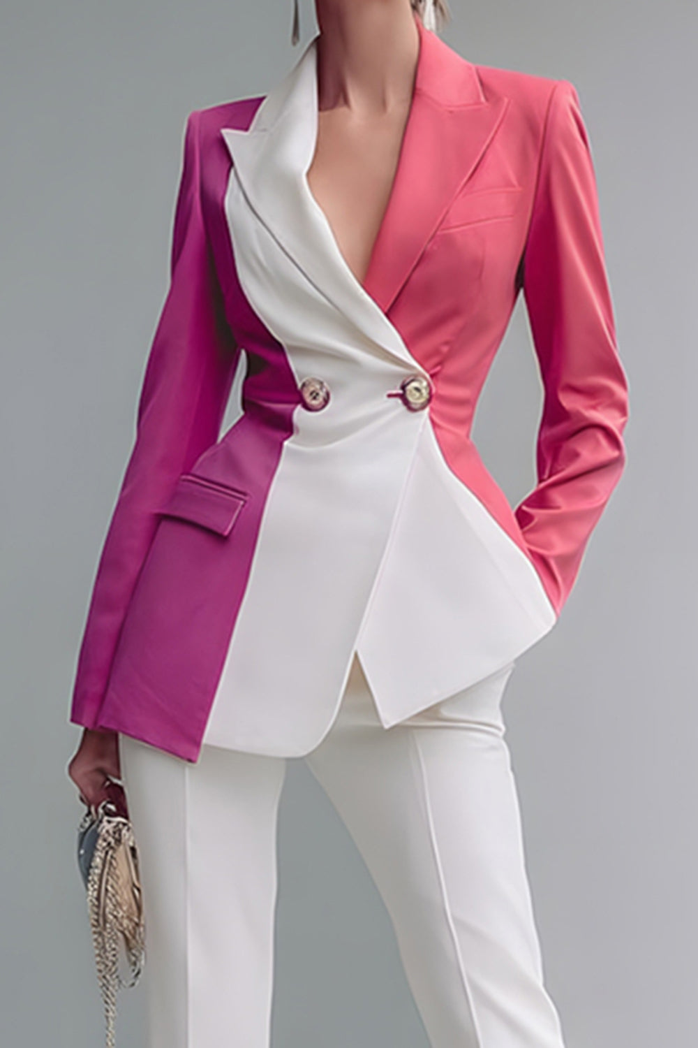 2 Piece White Peak Lapel Patchwork Business Suits with Pockets