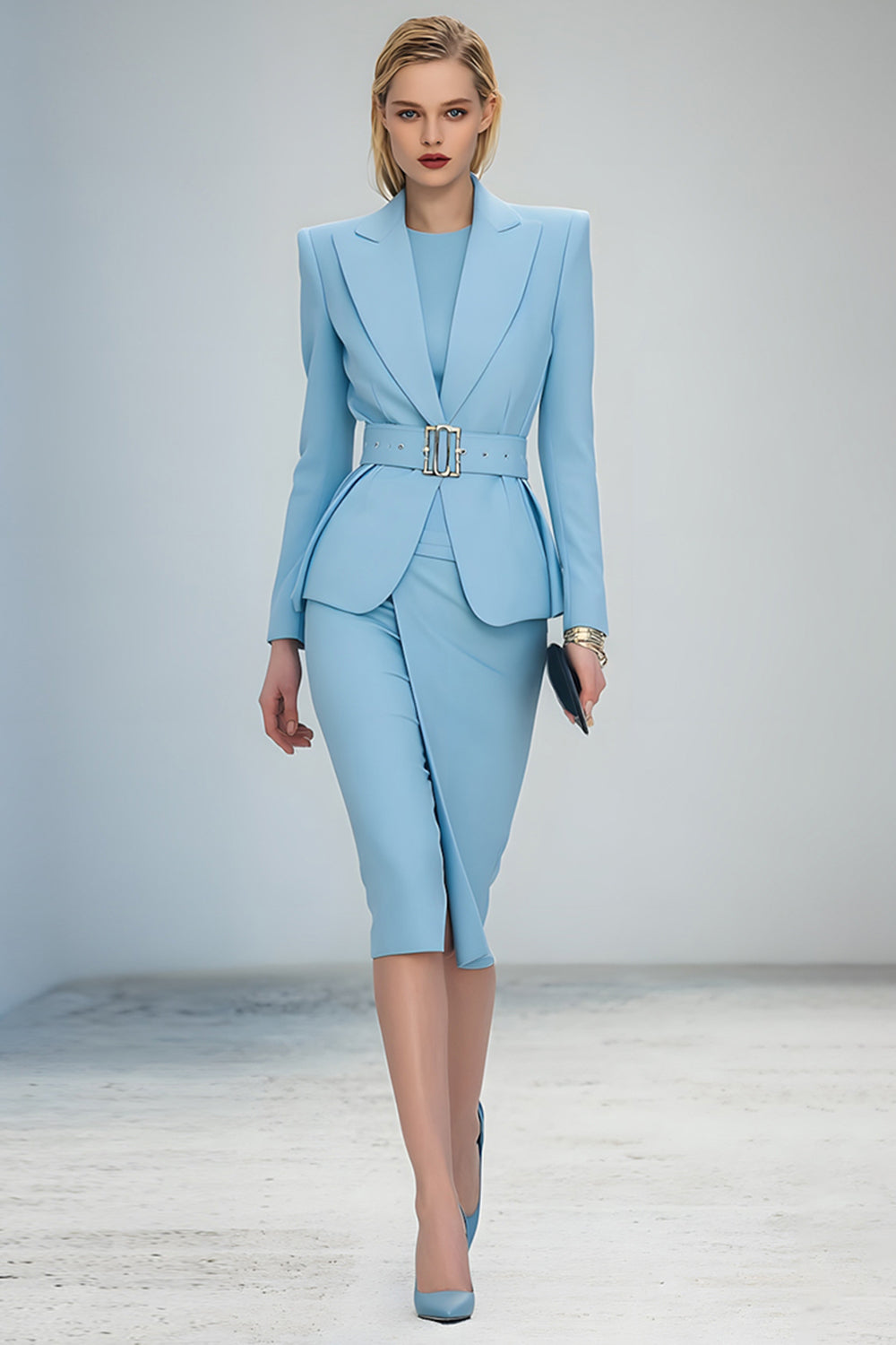 2 Piece Blue Peak Lapel Midi Pencil Business Suits with Belt