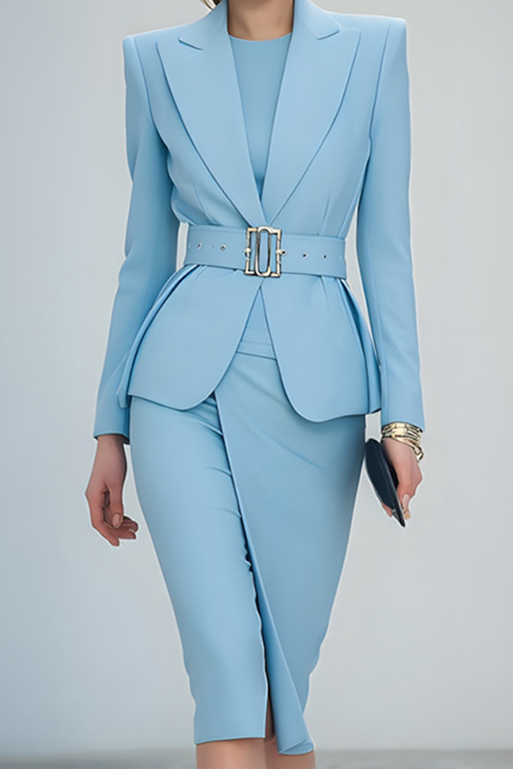 2 Piece Blue Peak Lapel Midi Pencil Business Suits with Belt