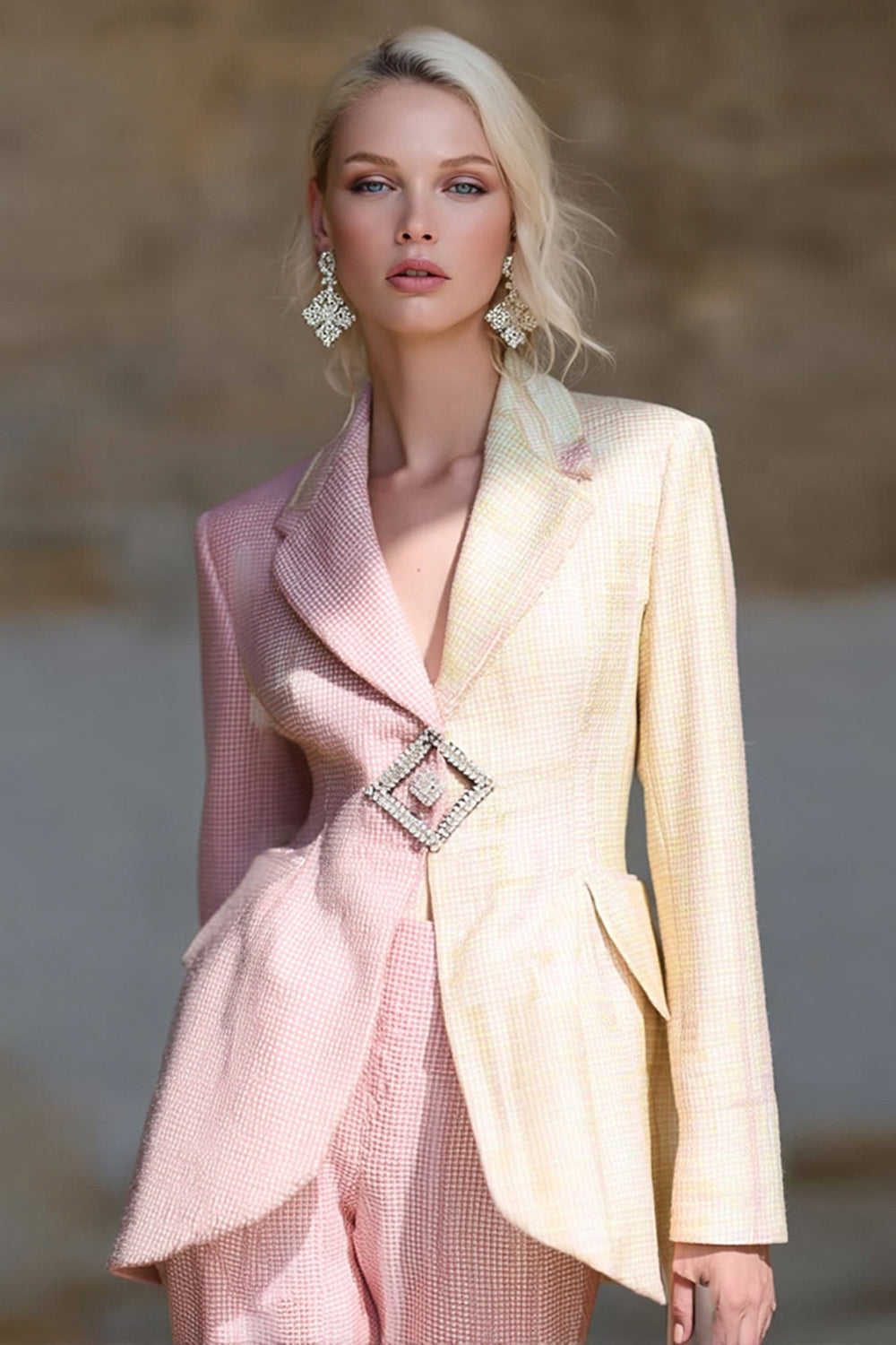 Pink Ivory Notched Lapel Patchwork Long Sleeves Prom Blazer