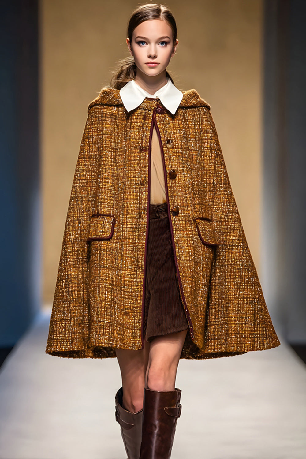 Brown Single Breasted Tweed Women Blazer