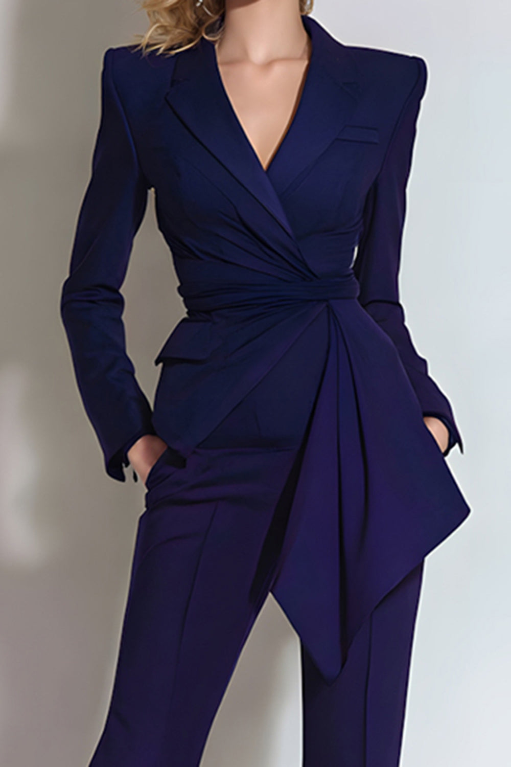 2 Piece Dark Purple Slim Fit Ruched Long Sleeves Business Suits with Sash