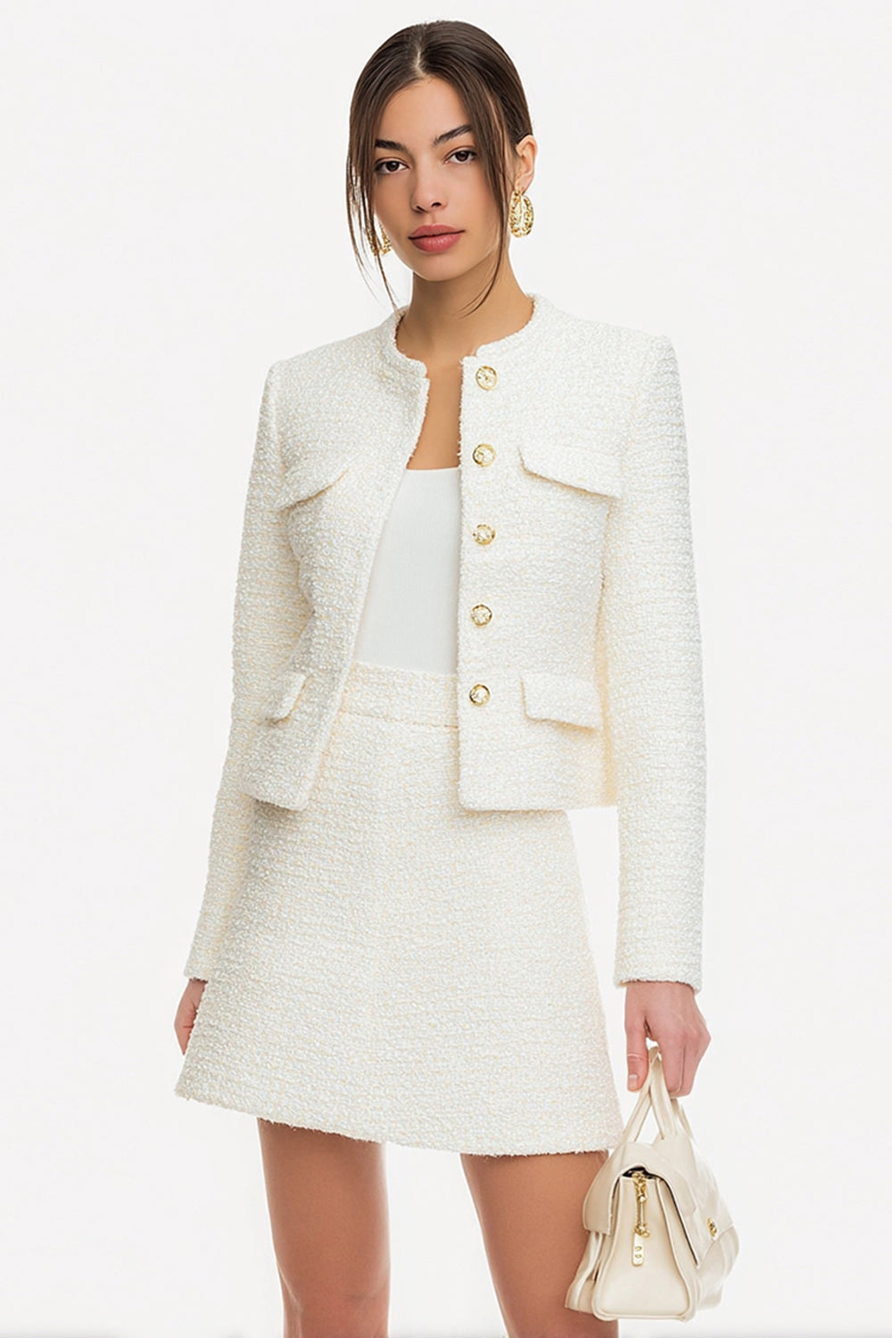 Dresstells Women 2 Piece White Short Pageant Interview Outfits Single Breasted Round Neck Tweed A Line Long Sleeves Skirt Suits