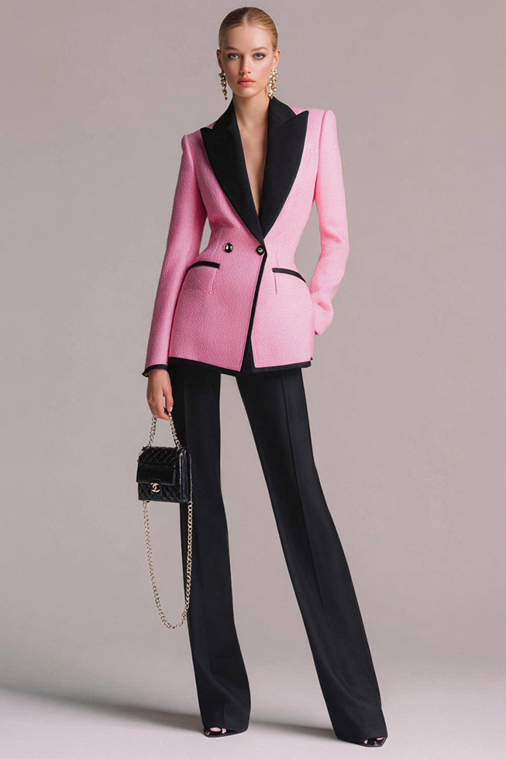 2 Piece Black Pink Peak Lapel Tweed Long Sleeves Pageant Interview Outfits