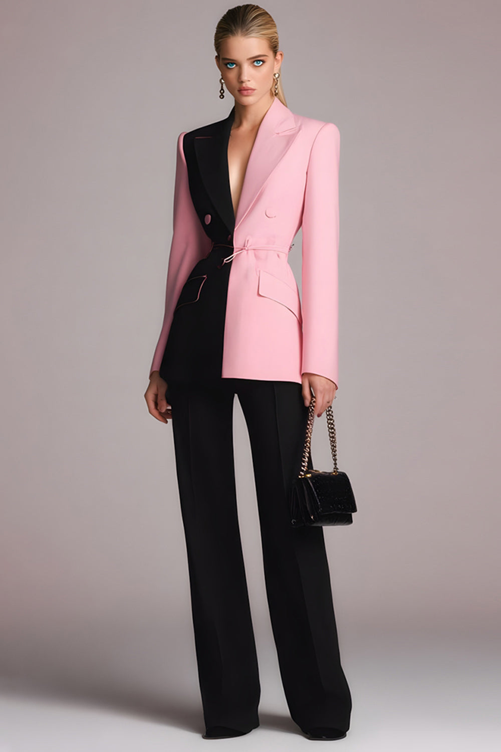 2 Piece Black Pink Patchwork Peak Lapel Long Sleeves Business Suits with Buttons