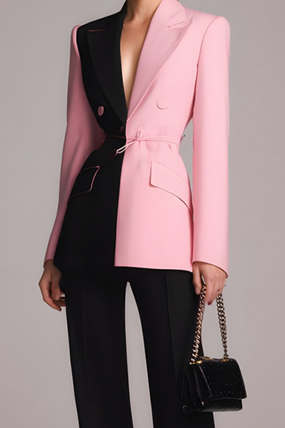 2 Piece Black Pink Patchwork Peak Lapel Long Sleeves Business Suits with Buttons