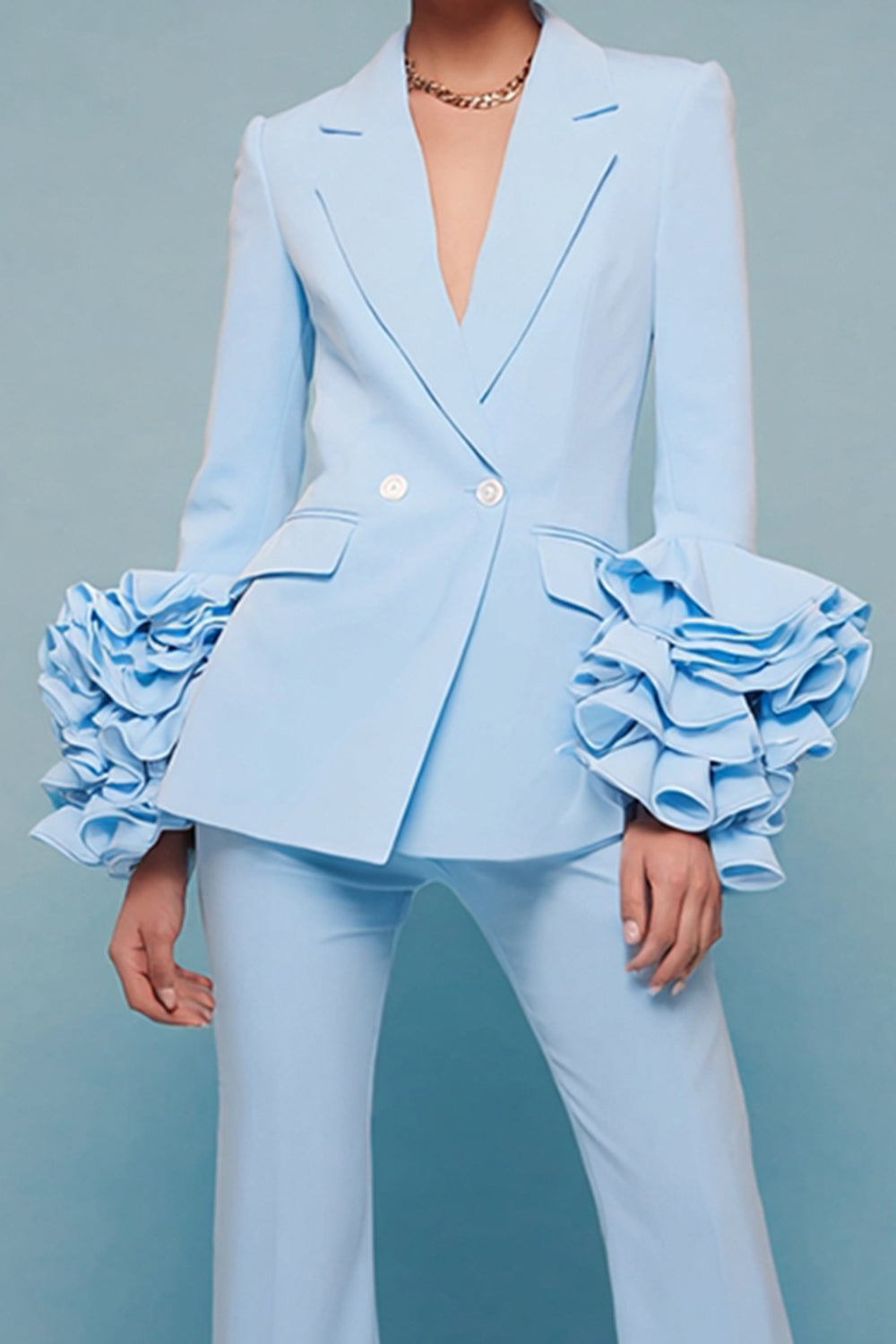 2 Piece Blue Long Sleeves Notched Lapel  Business Suits with Ruffles