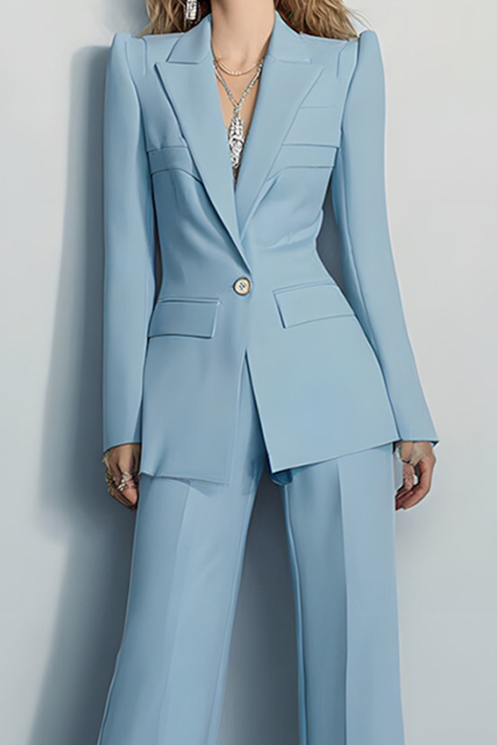 2 Piece Grey Blue Long Sleeves Peak Lapel Business Suits