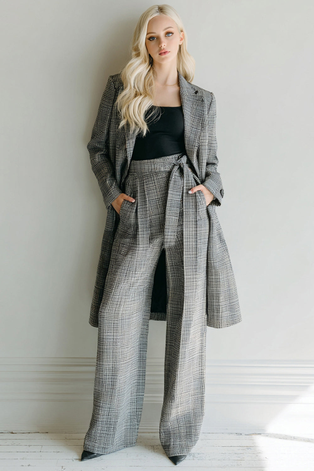 2 Piece Grey Grid Notched Lapel Business Suits with Sash