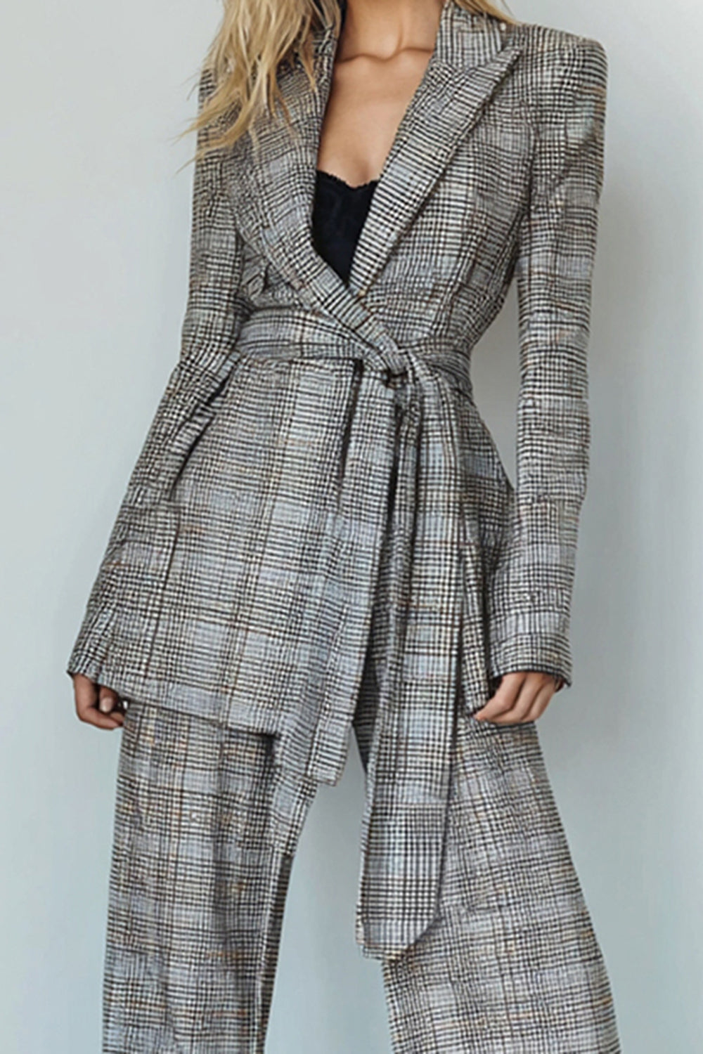 2 Piece Grey Grid Peak Lapel Business Suits with Sash