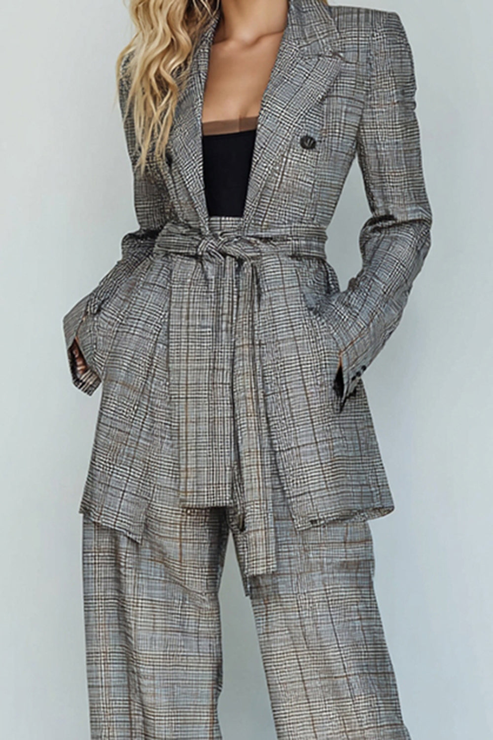Grey Grid 2 Piece Notched Lapel Business Suits with Pockets