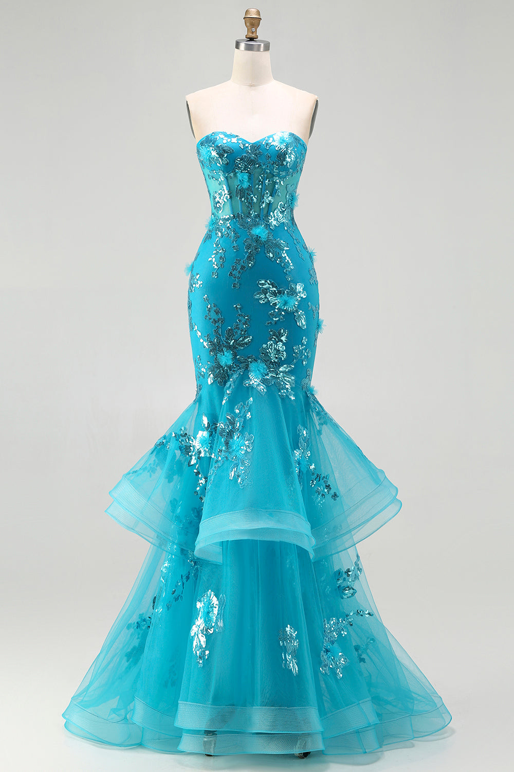 Sparkly Blue Sweetheart Mermaid Long Corset Prom Dress with Ruffles