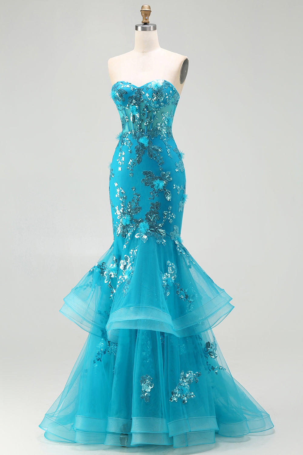 Sparkly Blue Sweetheart Mermaid Long Corset Prom Dress with Ruffles