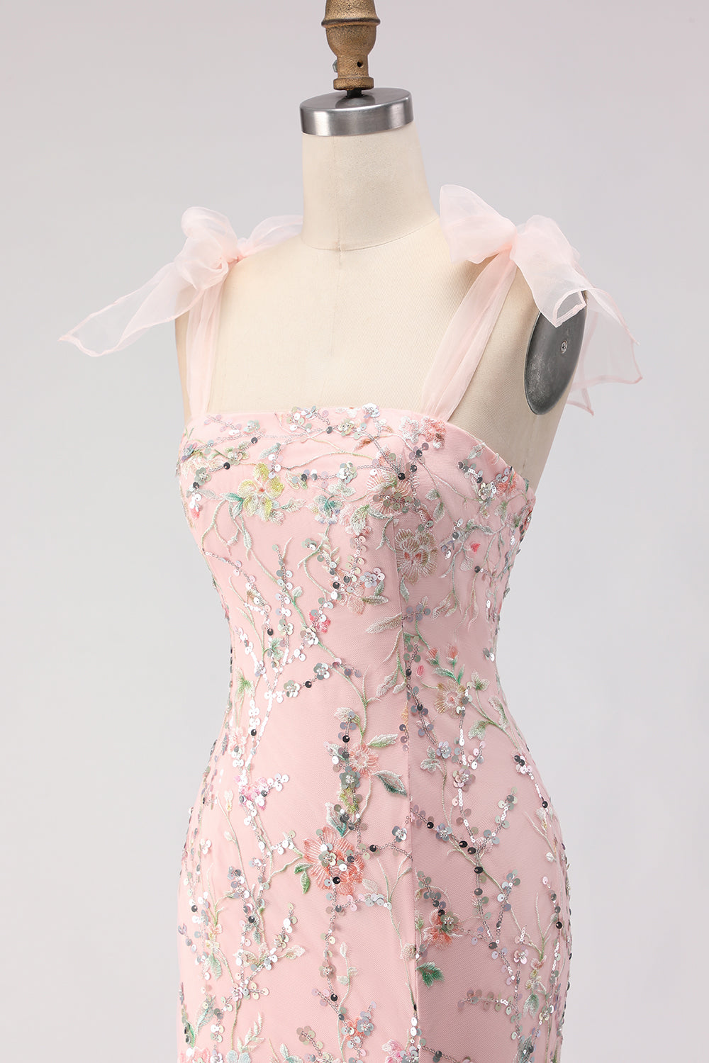 Sparkly Blush Floral Sequins Mermaid Long Prom Dress with Slit