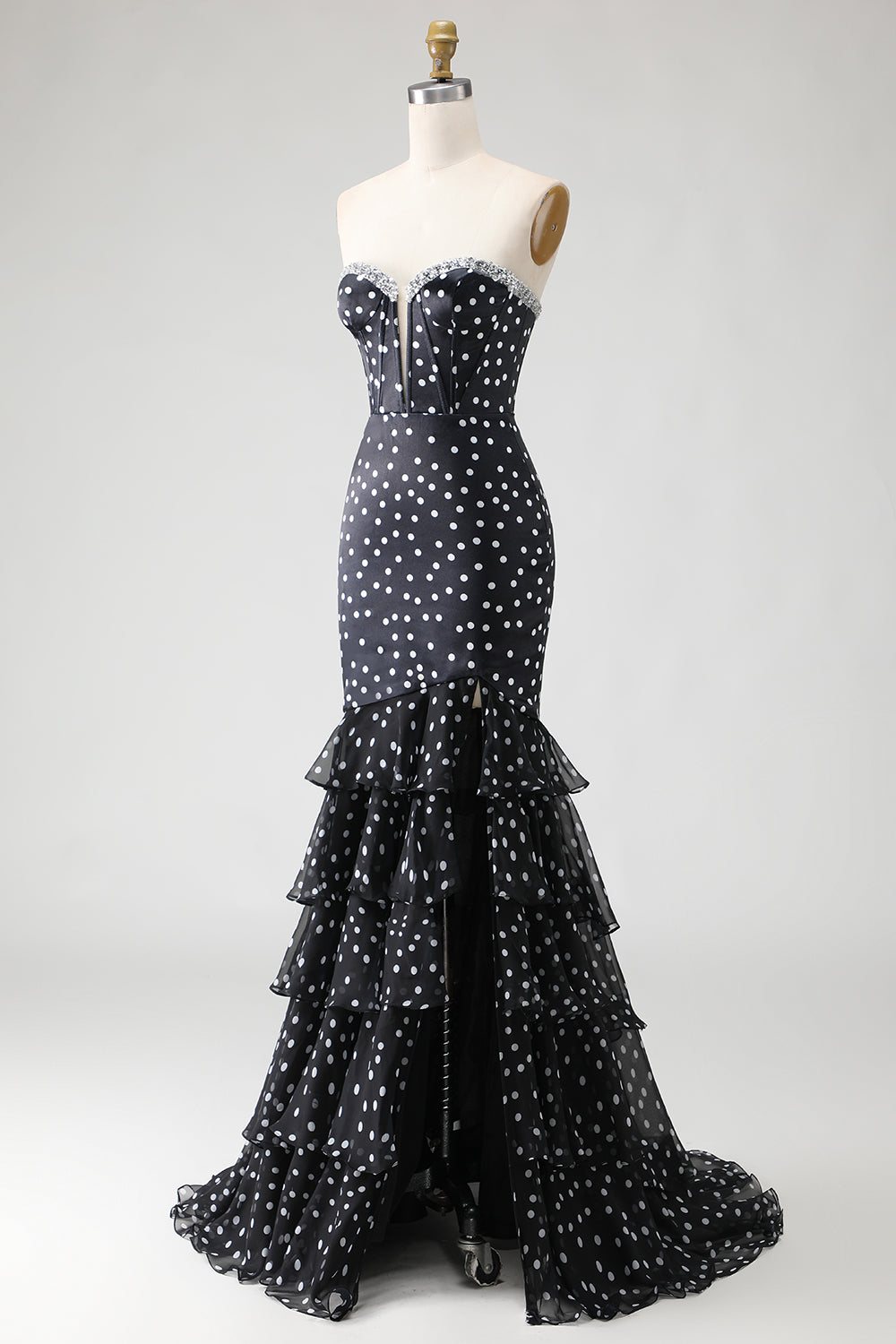 Black and White Ploka Dots Mermaid Long Corset Prom Dress with Ruffles