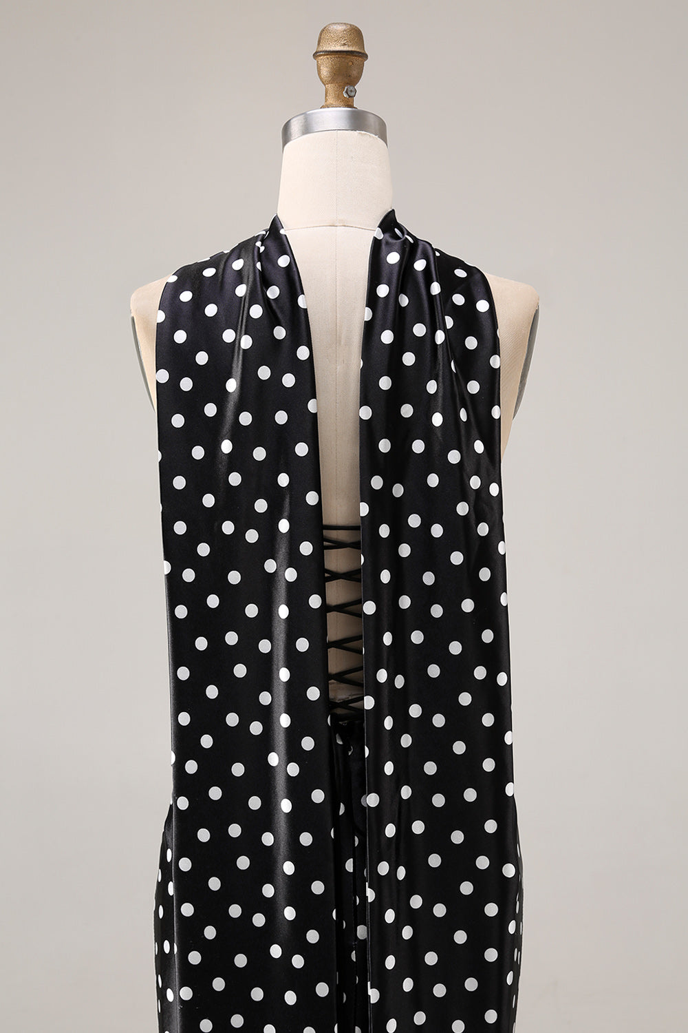 Black and White Polka Dots Neck Scarf Long Mermaid Prom Dress