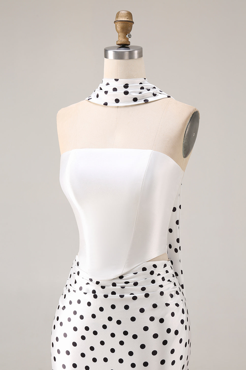 Black and White Polka Dots Neck Scarf Long Mermaid Prom Dress