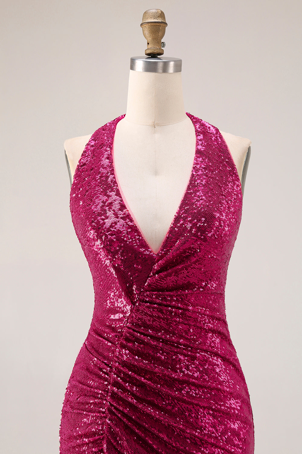 Sparkly Fuchsia Mermaid Sequin Long Halter Prom Dress with Cape