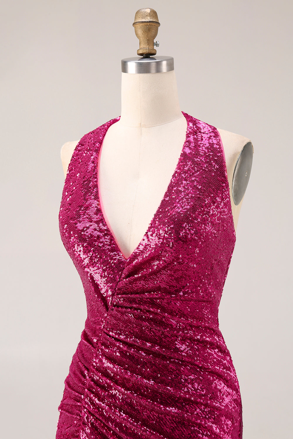 Sparkly Fuchsia Mermaid Sequin Long Halter Prom Dress with Cape